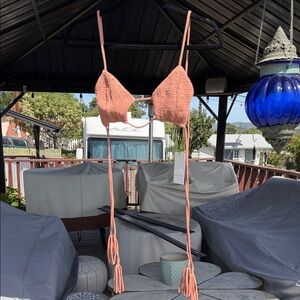 Indah Coral Peach Smocked Triangle Bikini Top with Tassel Ties